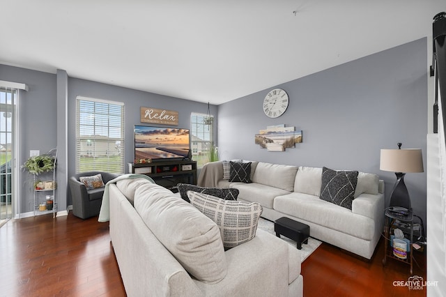 living room with dark hardwood / wood-style flooring