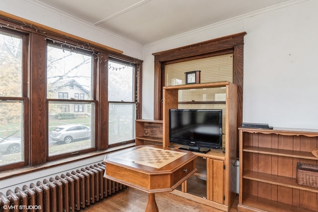 living room with ornamental molding, hardwood / wood-style flooring, and radiator