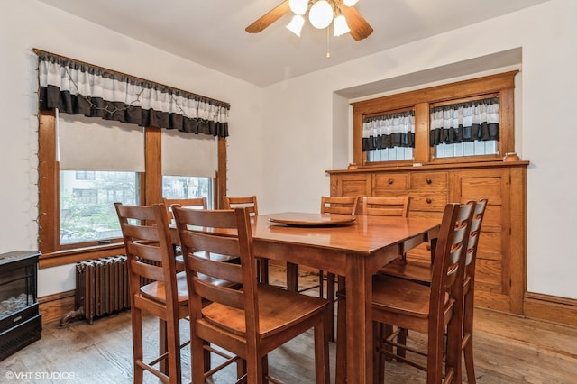 dining room with radiator heating unit, ceiling fan, and light hardwood / wood-style flooring