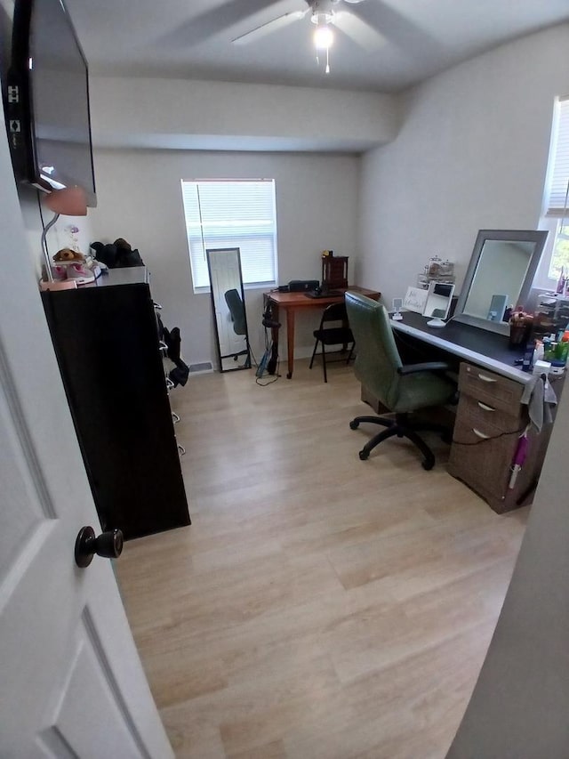 home office with light wood-type flooring, healthy amount of natural light, and a ceiling fan