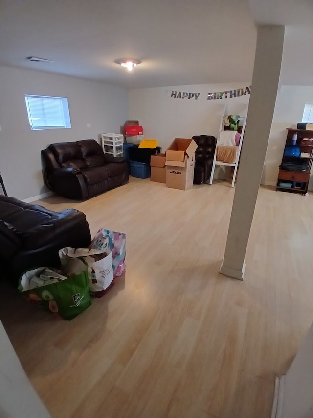 basement with hardwood / wood-style floors