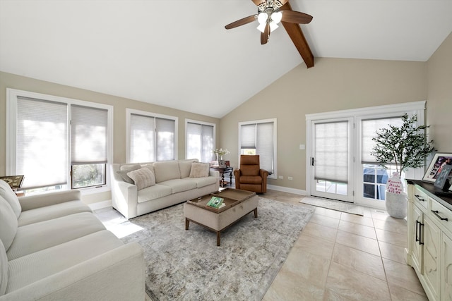 tiled living room with beamed ceiling, ceiling fan, and high vaulted ceiling