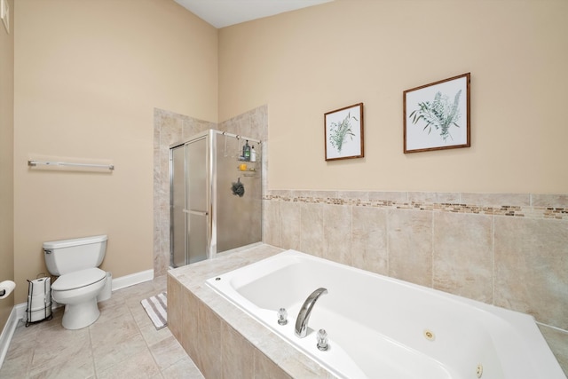 bathroom with tile patterned flooring, independent shower and bath, and toilet