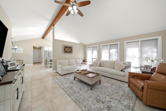 living room with vaulted ceiling with beams, light tile patterned flooring, and ceiling fan with notable chandelier