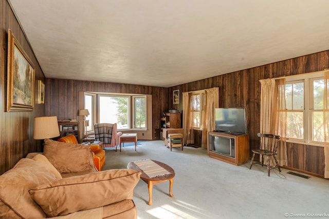 living room with light colored carpet and wooden walls