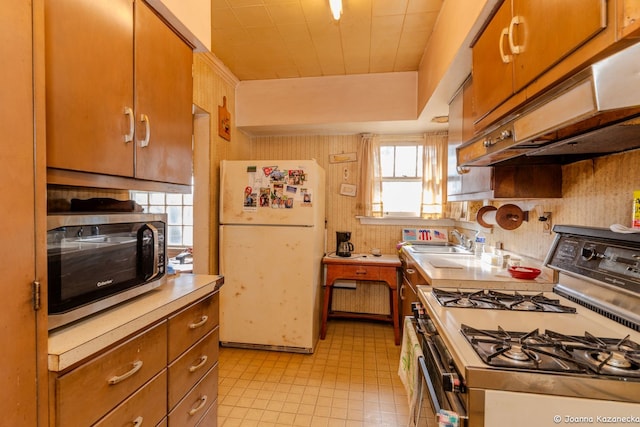 kitchen featuring range with gas cooktop, sink, and white fridge