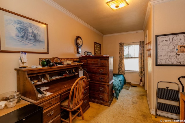 carpeted bedroom featuring crown molding and heating unit