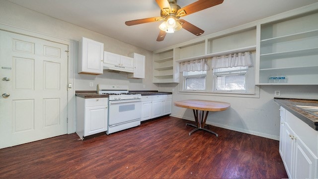 kitchen featuring white cabinetry, white range with gas stovetop, dark hardwood / wood-style floors, and range hood