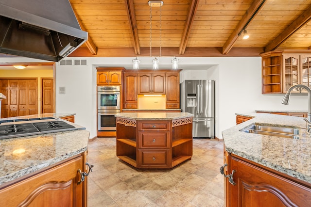 kitchen with beam ceiling, sink, stainless steel appliances, range hood, and wood ceiling