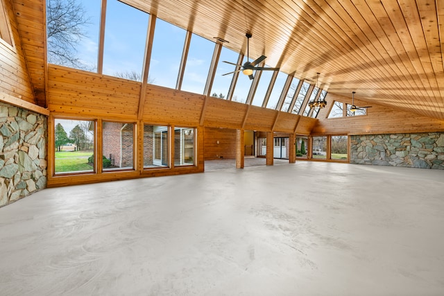 unfurnished living room featuring concrete floors, high vaulted ceiling, ceiling fan, and wood ceiling