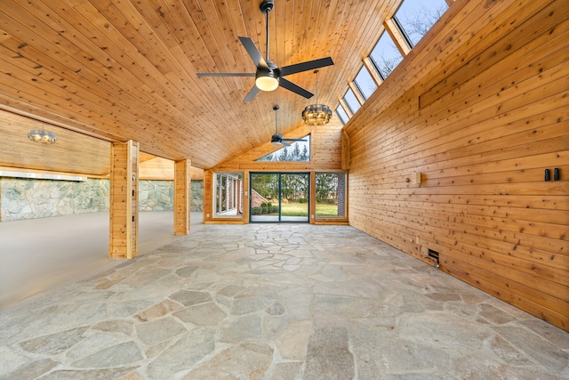 interior space with ceiling fan, wooden walls, high vaulted ceiling, and wood ceiling