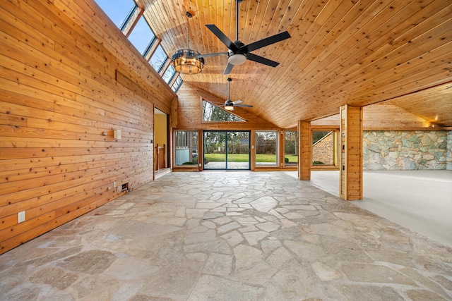 interior space with ceiling fan, wood ceiling, and lofted ceiling