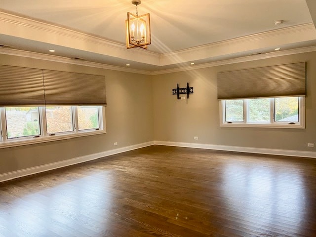 spare room featuring an inviting chandelier, crown molding, and dark wood-type flooring