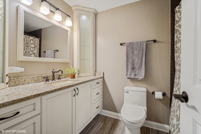 bathroom featuring vanity, wood-type flooring, and toilet