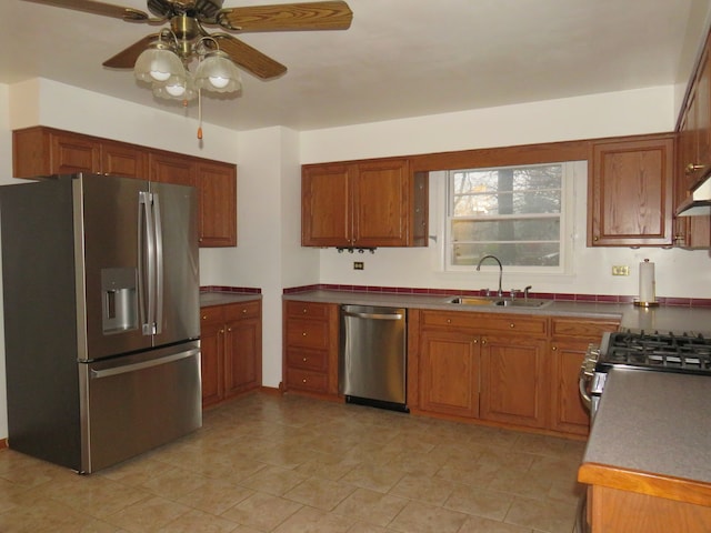 kitchen featuring ceiling fan, sink, and stainless steel appliances