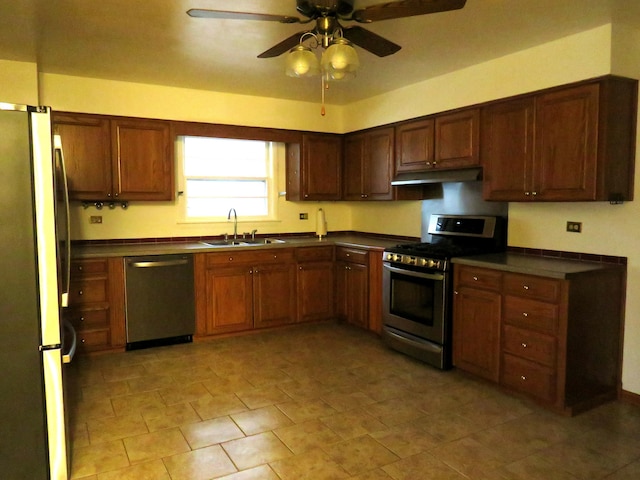 kitchen featuring ceiling fan, sink, and stainless steel appliances