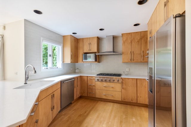 kitchen featuring sink, appliances with stainless steel finishes, wall chimney exhaust hood, light hardwood / wood-style flooring, and decorative backsplash