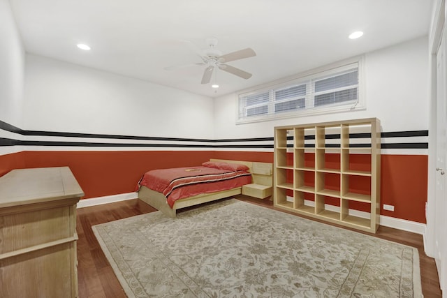 bedroom featuring recessed lighting, ceiling fan, baseboards, and wood finished floors