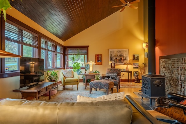 living room with hardwood / wood-style flooring, a healthy amount of sunlight, a wood stove, and lofted ceiling