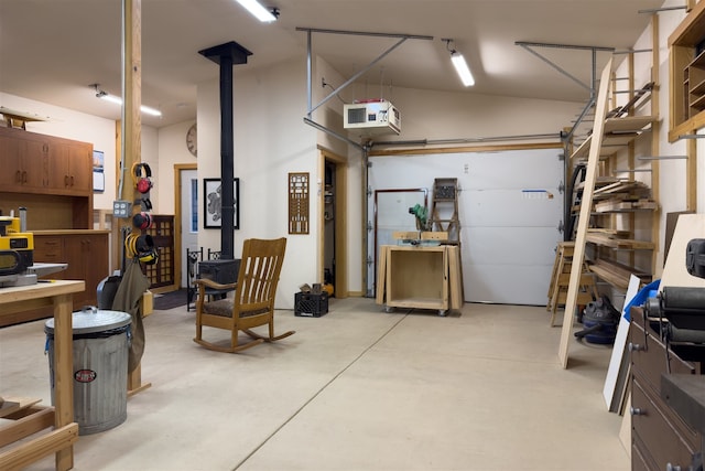 garage featuring a wood stove