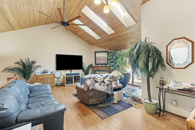 2708 Lake Shore Dr Unit 1, Joliet, IL 60431 - living room with a skylight, wood ceiling, ceiling fan, light wood finished floors, and high vaulted ceiling