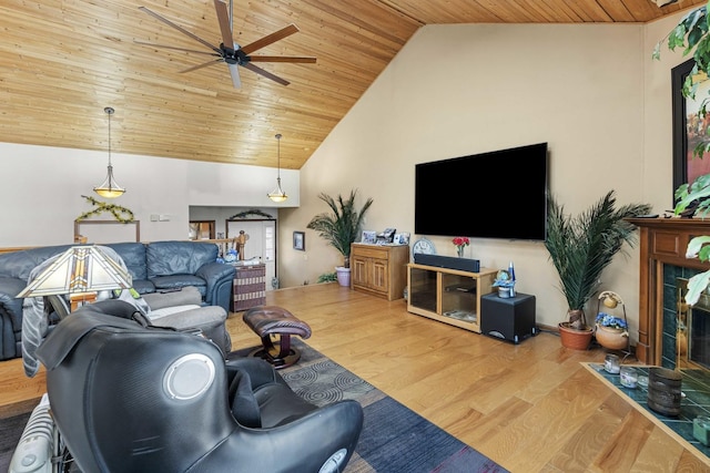 2708 Lake Shore Dr Unit 1, Joliet, IL 60431 - living room with wood ceiling, a ceiling fan, wood finished floors, high vaulted ceiling, and a fireplace with flush hearth
