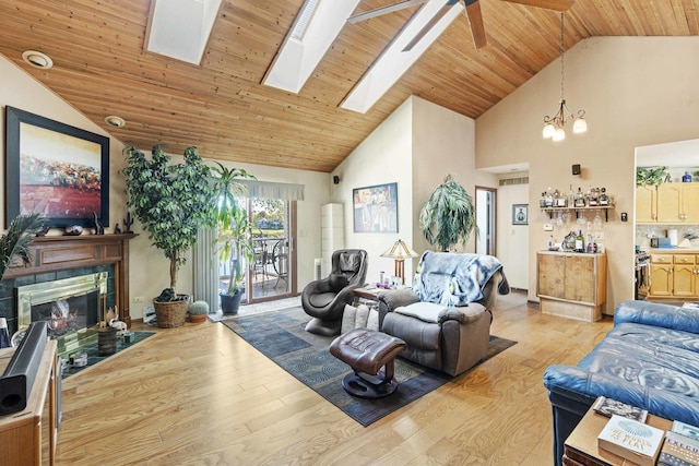 2708 Lake Shore Dr Unit 1, Joliet, IL 60431 - living area with high vaulted ceiling, a fireplace, light wood finished floors, a ceiling fan, and wood ceiling