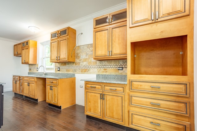 kitchen featuring sink, tasteful backsplash, light stone countertops, crown molding, and dark hardwood / wood-style flooring