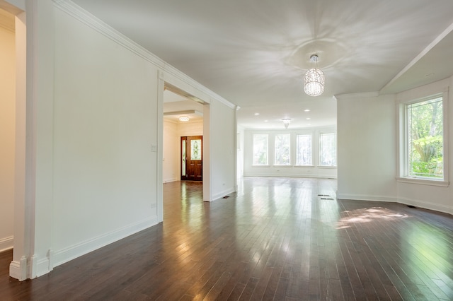 empty room featuring crown molding, a notable chandelier, dark hardwood / wood-style floors, and plenty of natural light