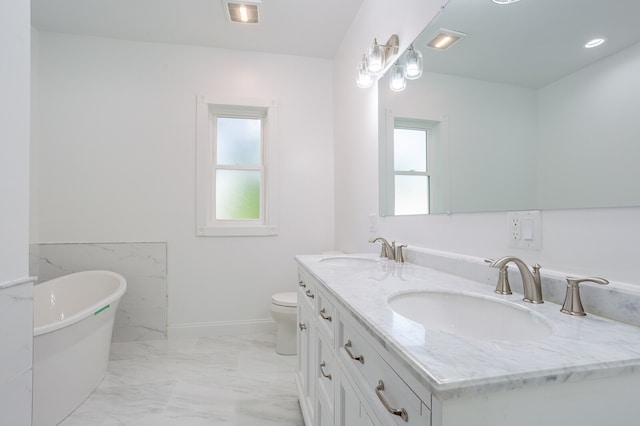 bathroom with vanity, a bathing tub, and toilet