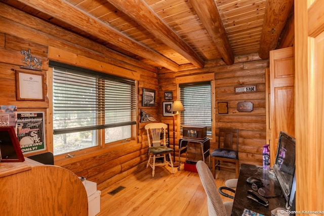 office featuring light hardwood / wood-style flooring, beamed ceiling, log walls, and wooden ceiling