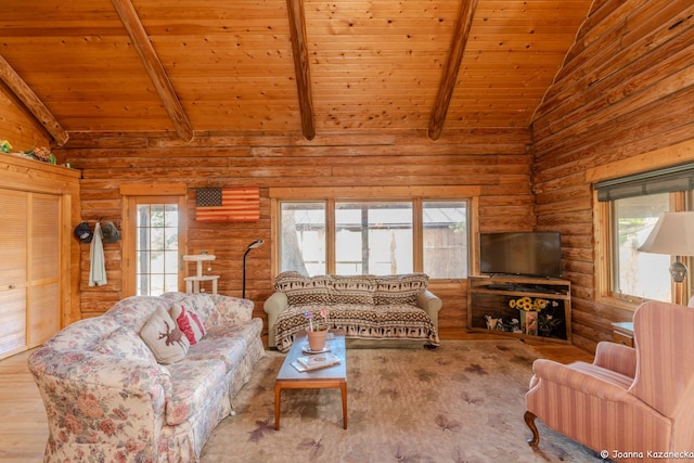 living room featuring light hardwood / wood-style floors, wooden ceiling, and a healthy amount of sunlight