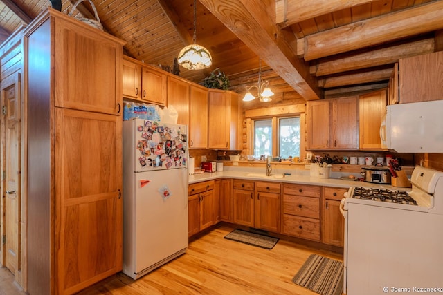 kitchen with hanging light fixtures, white appliances, a chandelier, wood ceiling, and light hardwood / wood-style flooring