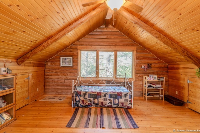 bedroom featuring lofted ceiling with beams, wood-type flooring, wooden walls, wood ceiling, and ceiling fan