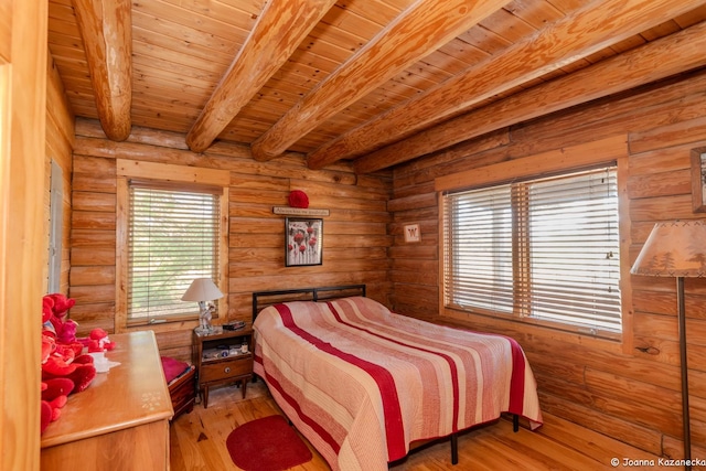 bedroom featuring rustic walls, wooden ceiling, light hardwood / wood-style floors, and beam ceiling