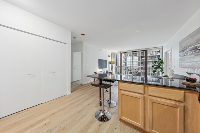 kitchen featuring dark stone countertops and light wood-type flooring