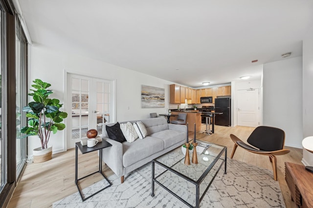 living room with french doors and light hardwood / wood-style floors