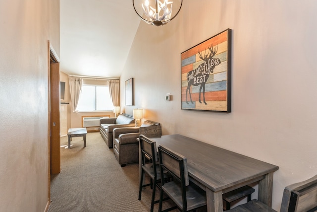 carpeted dining area featuring an inviting chandelier and lofted ceiling