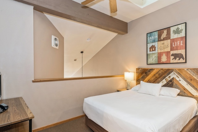 carpeted bedroom featuring vaulted ceiling with beams and ceiling fan