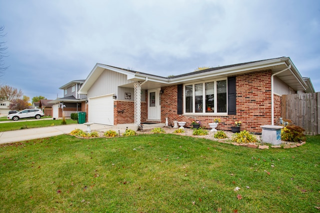 single story home featuring a garage and a front lawn