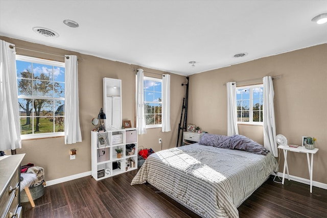 bedroom featuring multiple windows and dark hardwood / wood-style flooring