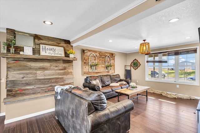 living room featuring dark hardwood / wood-style floors and crown molding