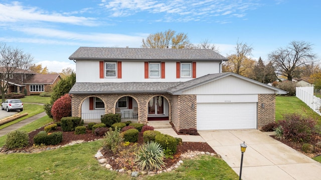 view of front of home featuring covered porch, a garage, and a front lawn