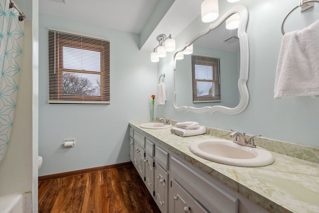 bathroom featuring hardwood / wood-style floors, vanity, and toilet