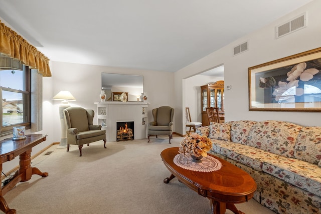 living room with light colored carpet