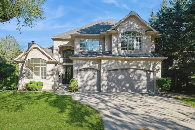 view of front of house with a garage and a front lawn