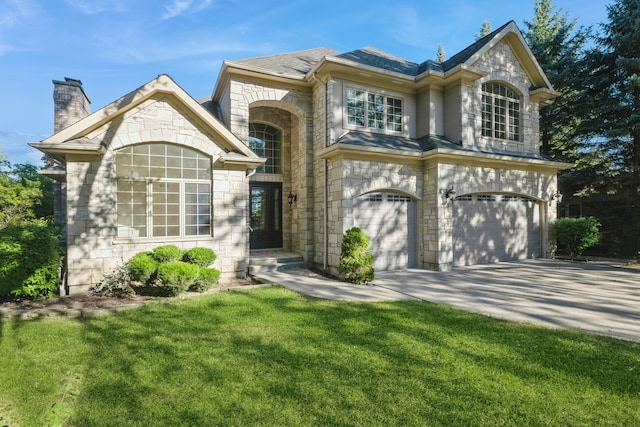 view of front of property with a garage and a front lawn