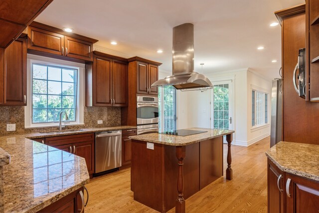 kitchen with stainless steel appliances, island range hood, decorative backsplash, sink, and light wood-type flooring