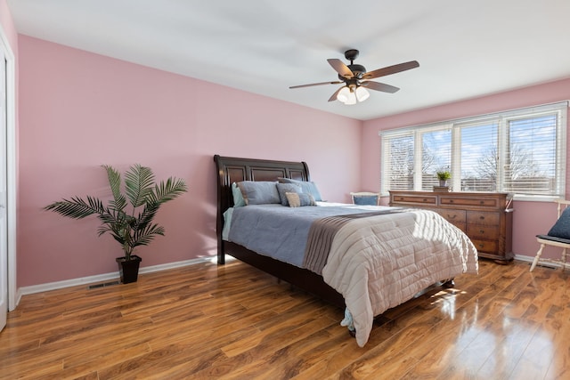 bedroom featuring ceiling fan and wood-type flooring