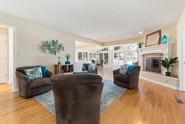 living room with a fireplace and wood-type flooring